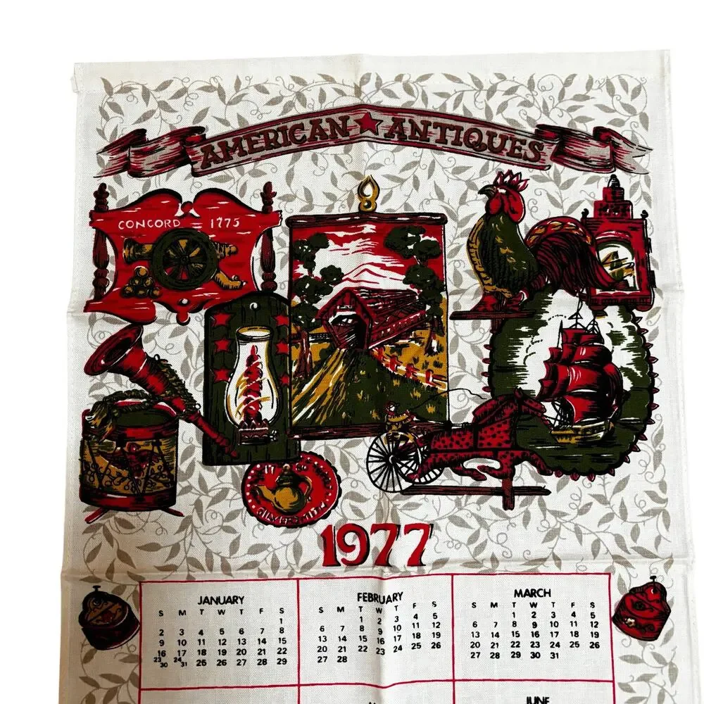 Vintage 1977 linen kitchen tea towel calendar dish cloth olive green deep red
